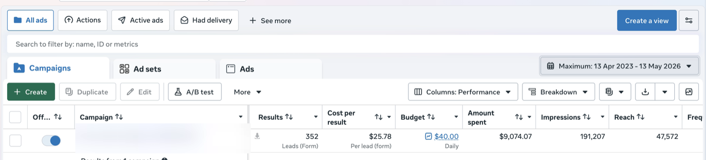 Meta Ads Manager export: 352 leads at $26 cost-per-lead for a tiling business in NSW